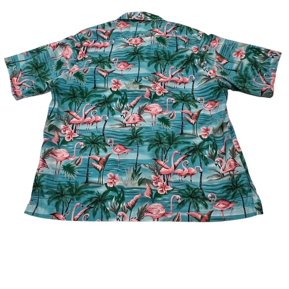 Benny's Retro Flamingo Print Button Down Shirt, Blue Pink Green, M - Picture 2 of 7